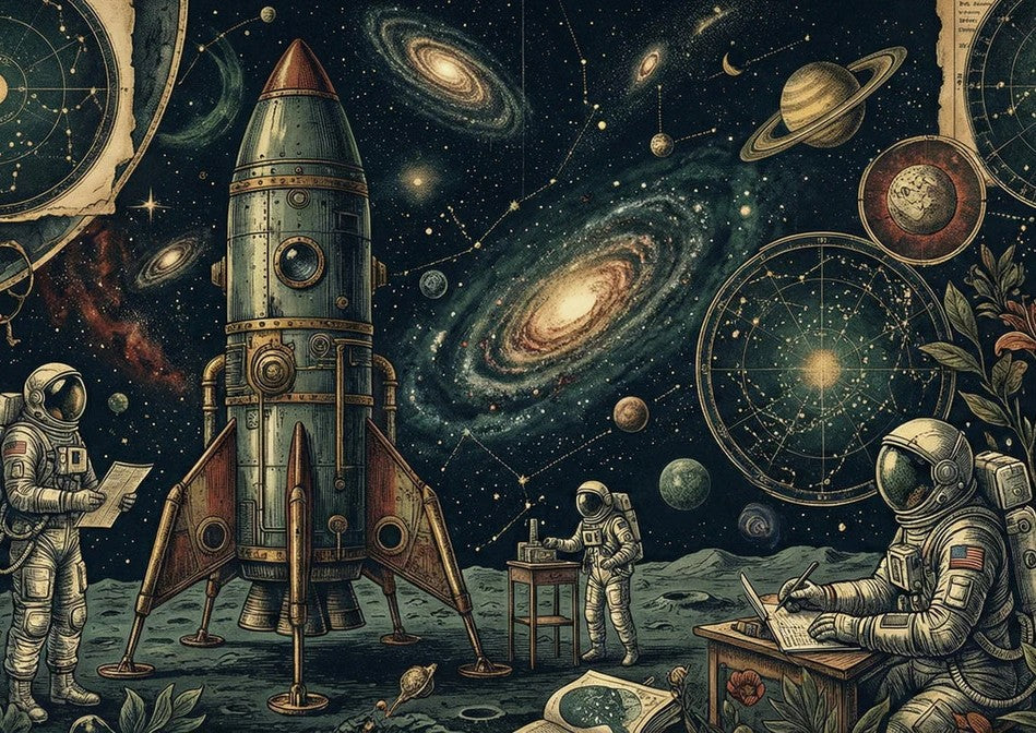 Vintage Space Exploration Mural Wallpaper — Cosmic Retro Style