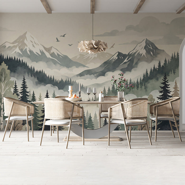 Watercolor alpine scene wallpaper creating a relaxing backdrop in a cozy living room sitting area