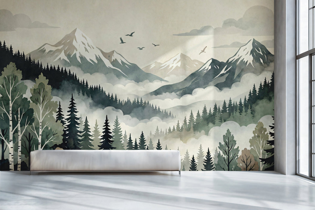 Misty forest landscape wallpaper installed in a peaceful bedroom behind a wooden bed frame