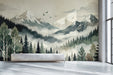 Misty forest landscape wallpaper installed in a peaceful bedroom behind a wooden bed frame