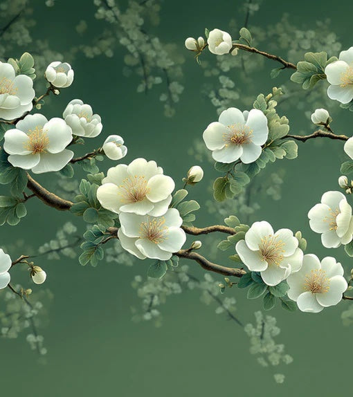 Green Floral Mural Wallpaper in Living Room | Various Colors (Green, White, etc.) of Flowers