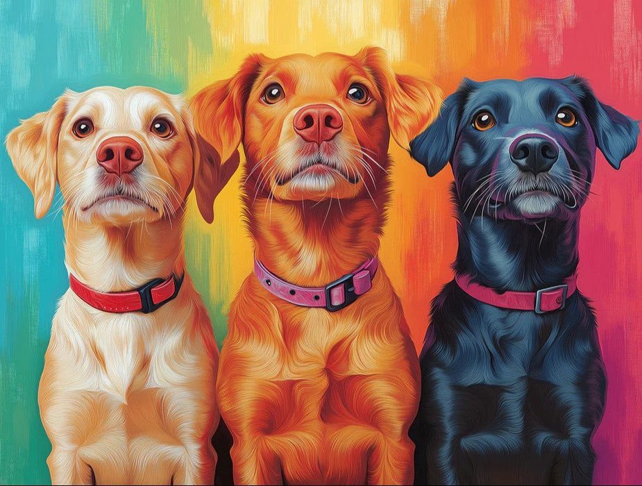 Pared mural de perros coloridos | Multicolor - fondo con tres caninos