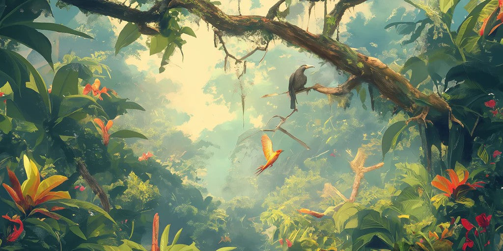 Tropical Forest with Parrot Mural Wallpaper | Green, Yellow, Blue and Red Forest