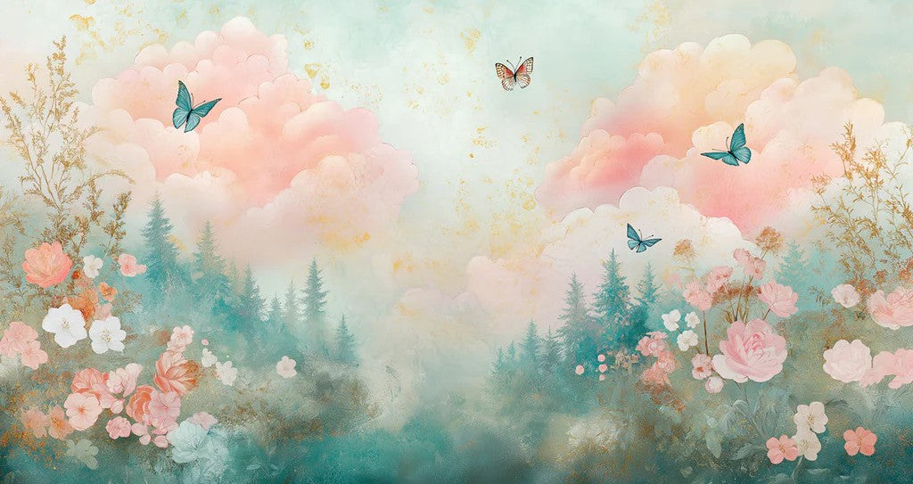 Papel tapiz inspirado en acuarela con nubes y mariposas