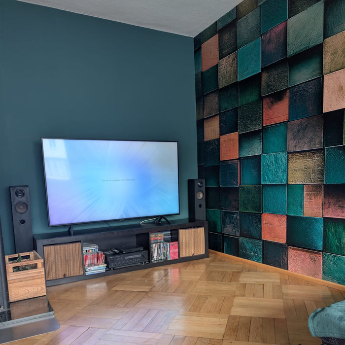 Customer photo: 3D Geometric Wood Block mural on a living room feature wall