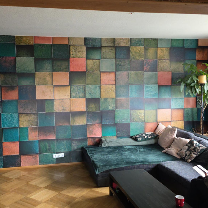 Customer photo: 3D Geometric Wood Block mural, full wall view with sofa
