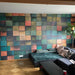 Customer photo: 3D Geometric Wood Block mural, full wall view with sofa
